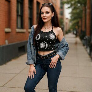 A Gothic Universe Halter Crop Top W/ Sun & Moon Celestial Print – Black White